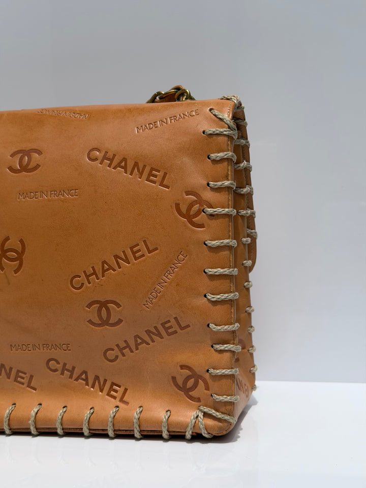 Chanel Jumbo Classic Flap Bag Tan Debossed Logo Calfskin Whipstitched Gold Hardware 1994