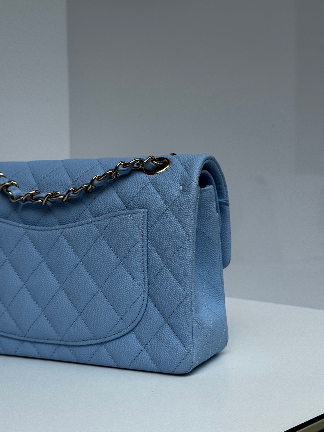 Chanel Small Classic Double Flap Caviar Light Blue Light Gold Hardware 2023
