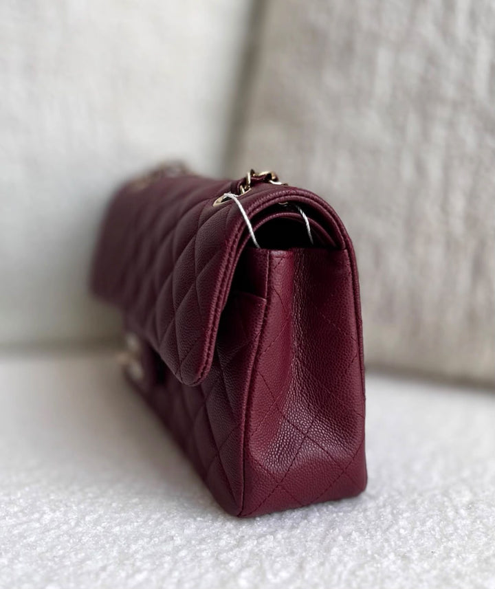 Chanel Small Classic Double Flap Caviar Burgundy Light Gold Hardware 2023