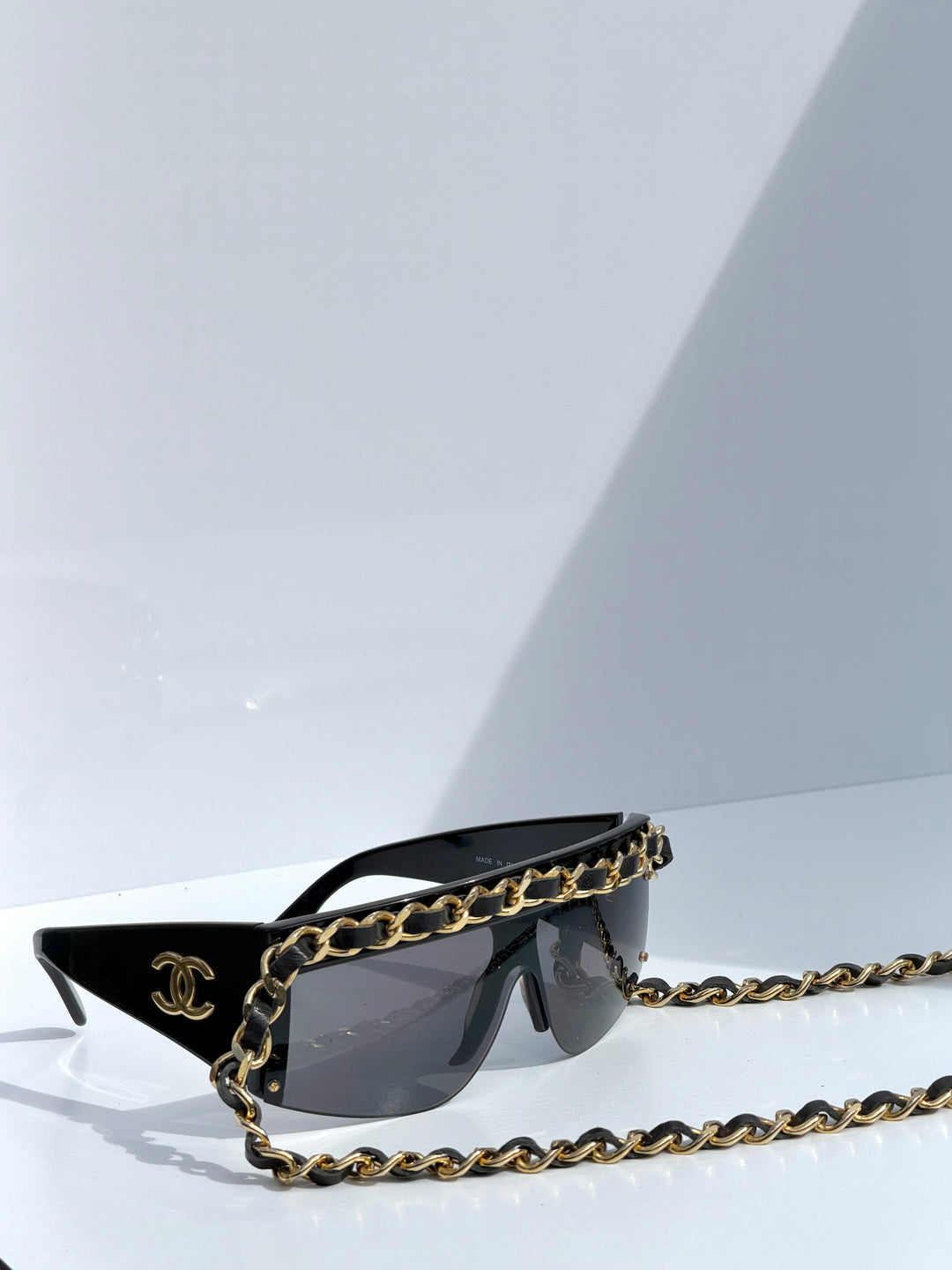 Chanel 1992 Runway Chain Sunglasses Black Gold Hardware