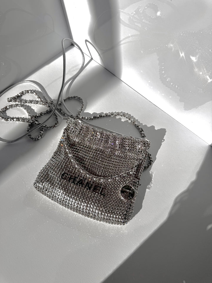 Chanel Mini Chanel 22 Crystal Embellished Metallic Lambskin Silver Silver Hardware