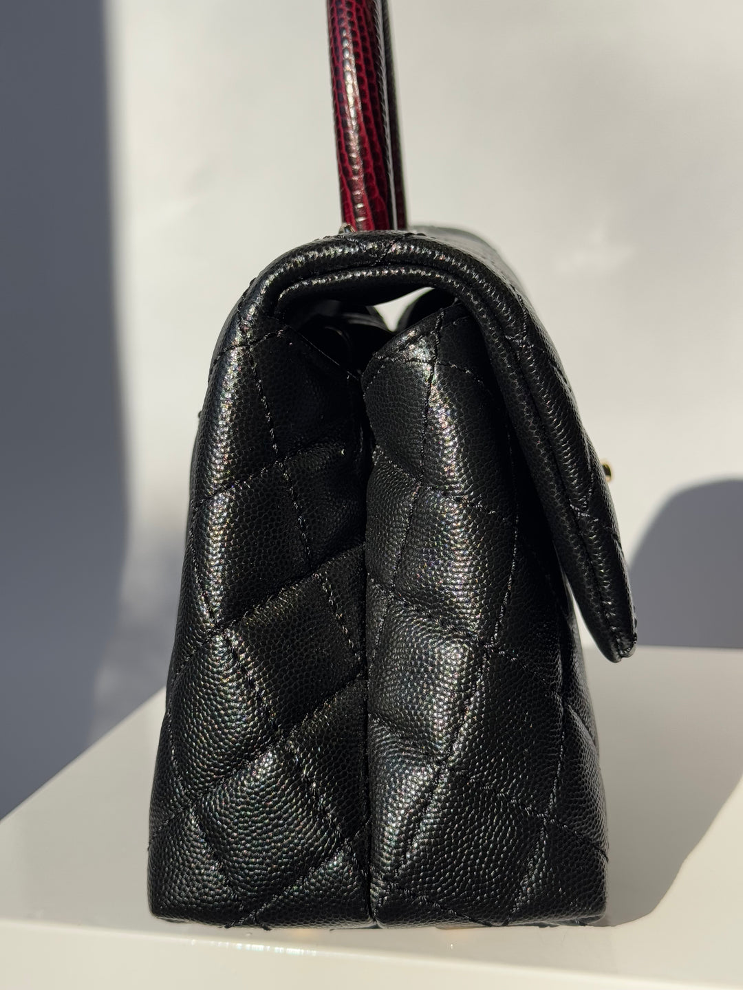 Chanel Small Black Caviar Coco + Burgundy Lizard Top Handle