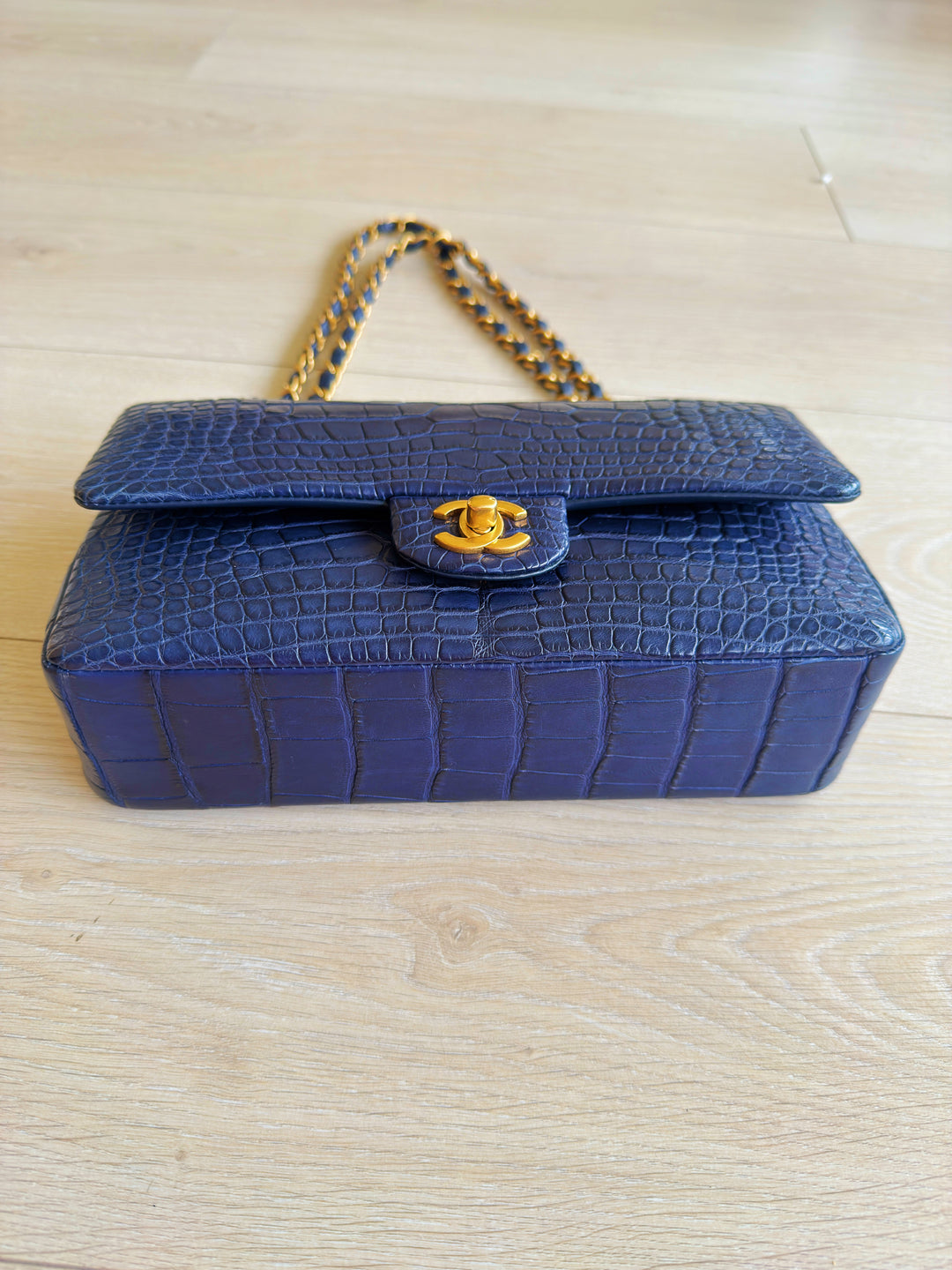 Chanel Navy Blue Matte Alligator Medium Classic Flap Bag