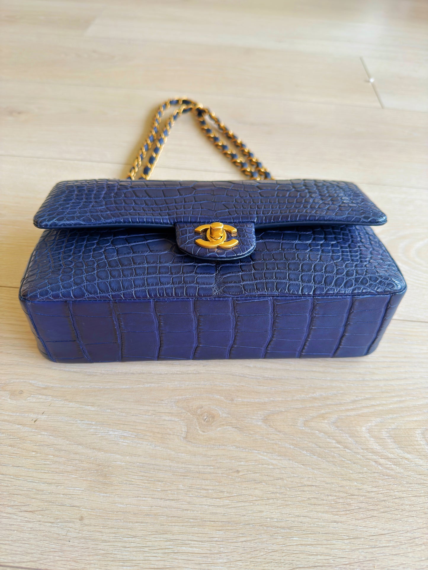 Chanel Navy Blue Matte Alligator Medium Classic Flap Bag
