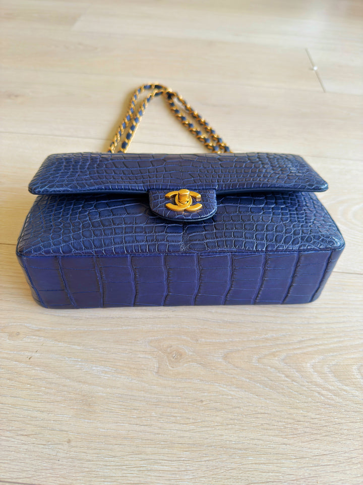 Chanel Navy Blue Matte Alligator Medium Classic Flap Bag