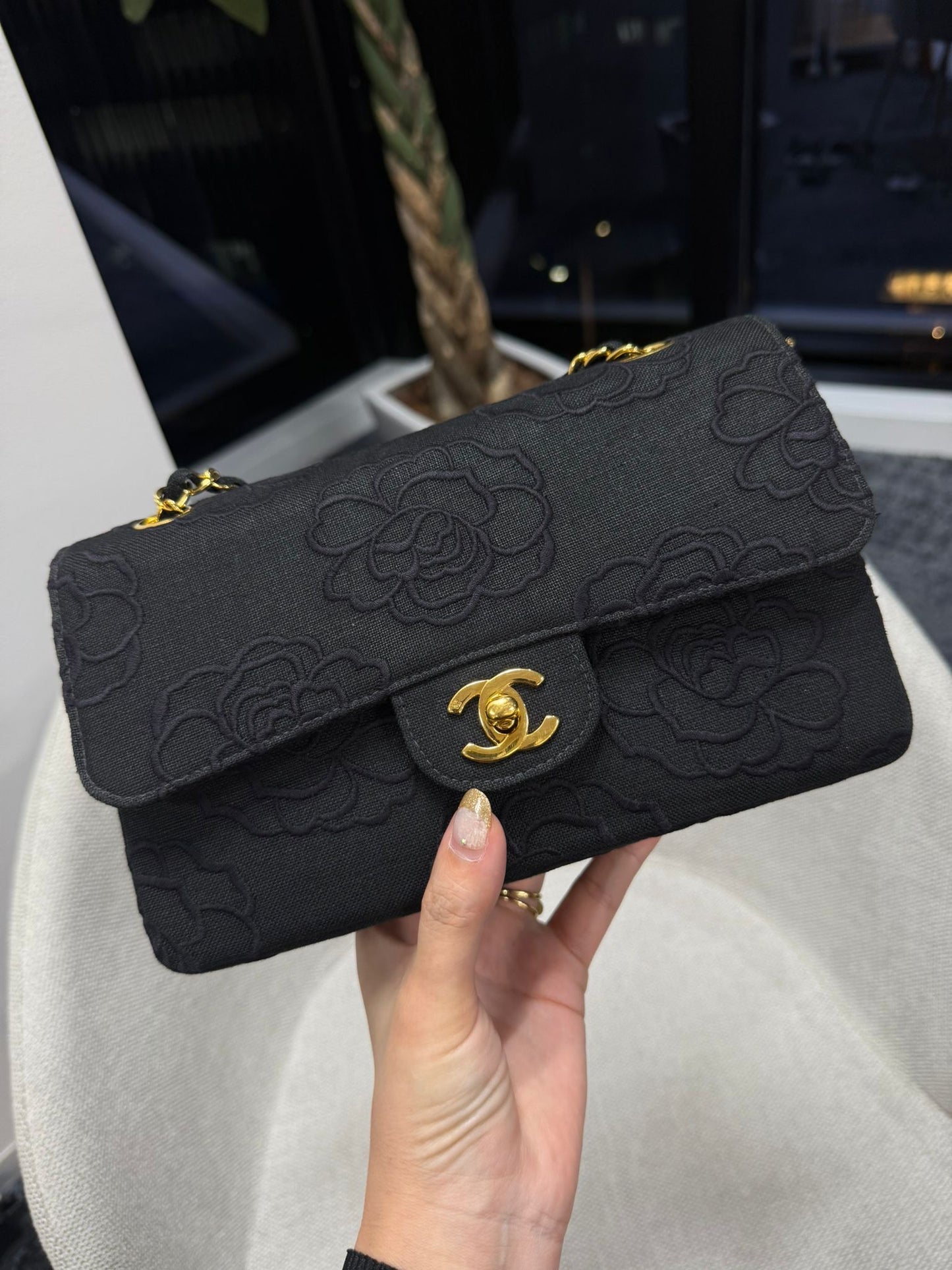 Chanel 1997 Small 24K Black Camellia Classic Flap Bag
