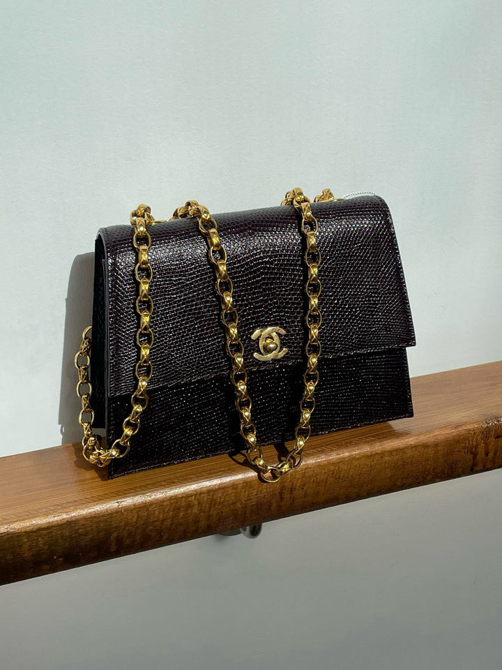 Chanel Small Trapezoid Flap Bag Burgundy Lizard Leather Gold Hardware With Bijoux Chain 1989