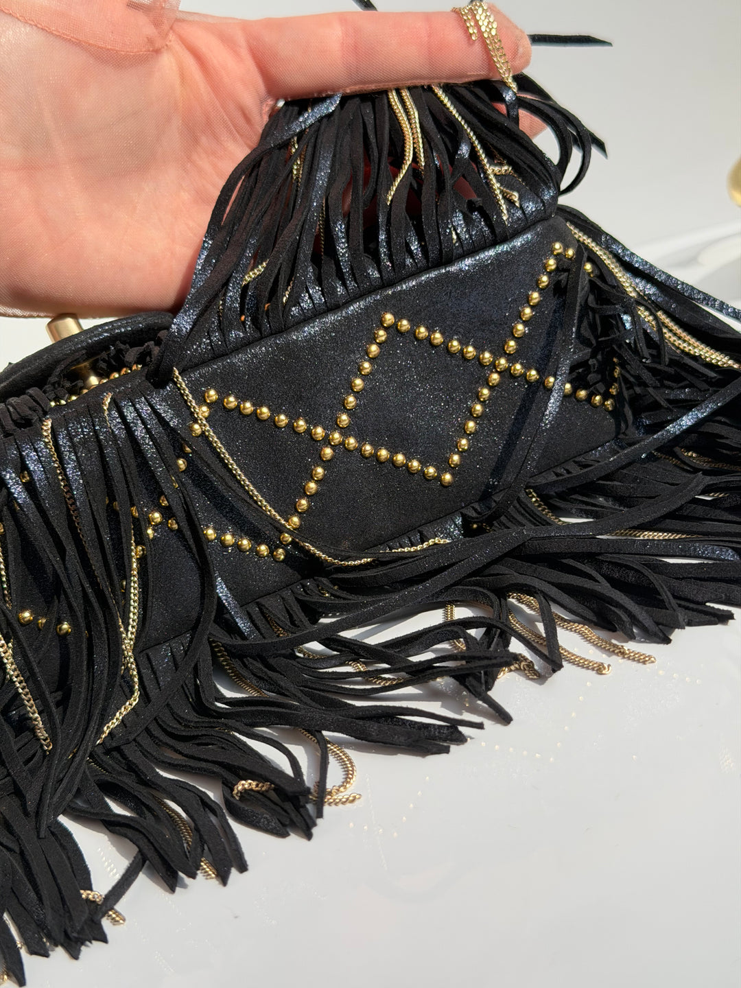 Chanel Paris-Dallas Medium Fringe Flap Bag Black Iridescent Leather Brushed Gold Tone Hardware 2014