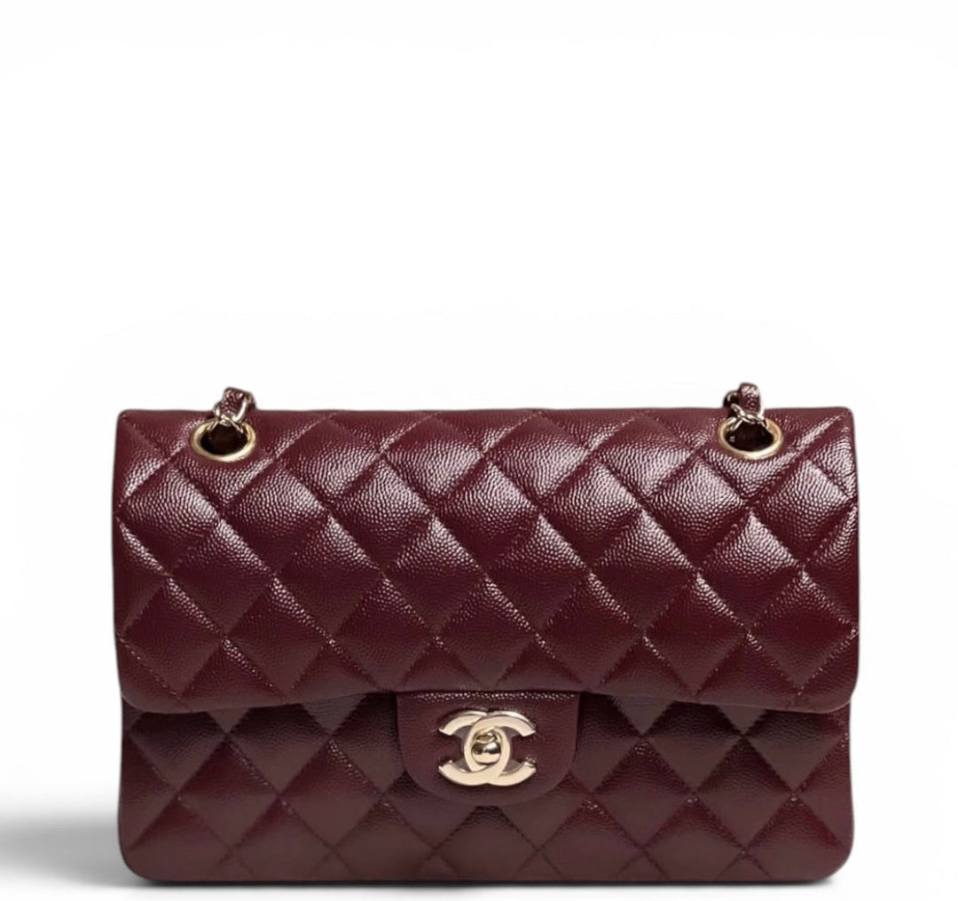 Chanel Small Classic Double Flap Caviar Burgundy Light Gold Hardware 2021