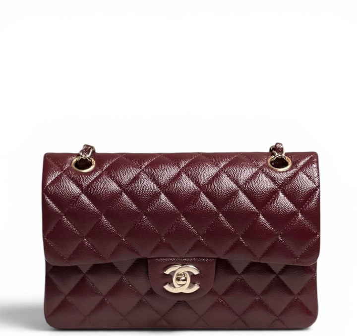 Chanel Small Classic Double Flap Caviar Burgundy Light Gold Hardware 2021