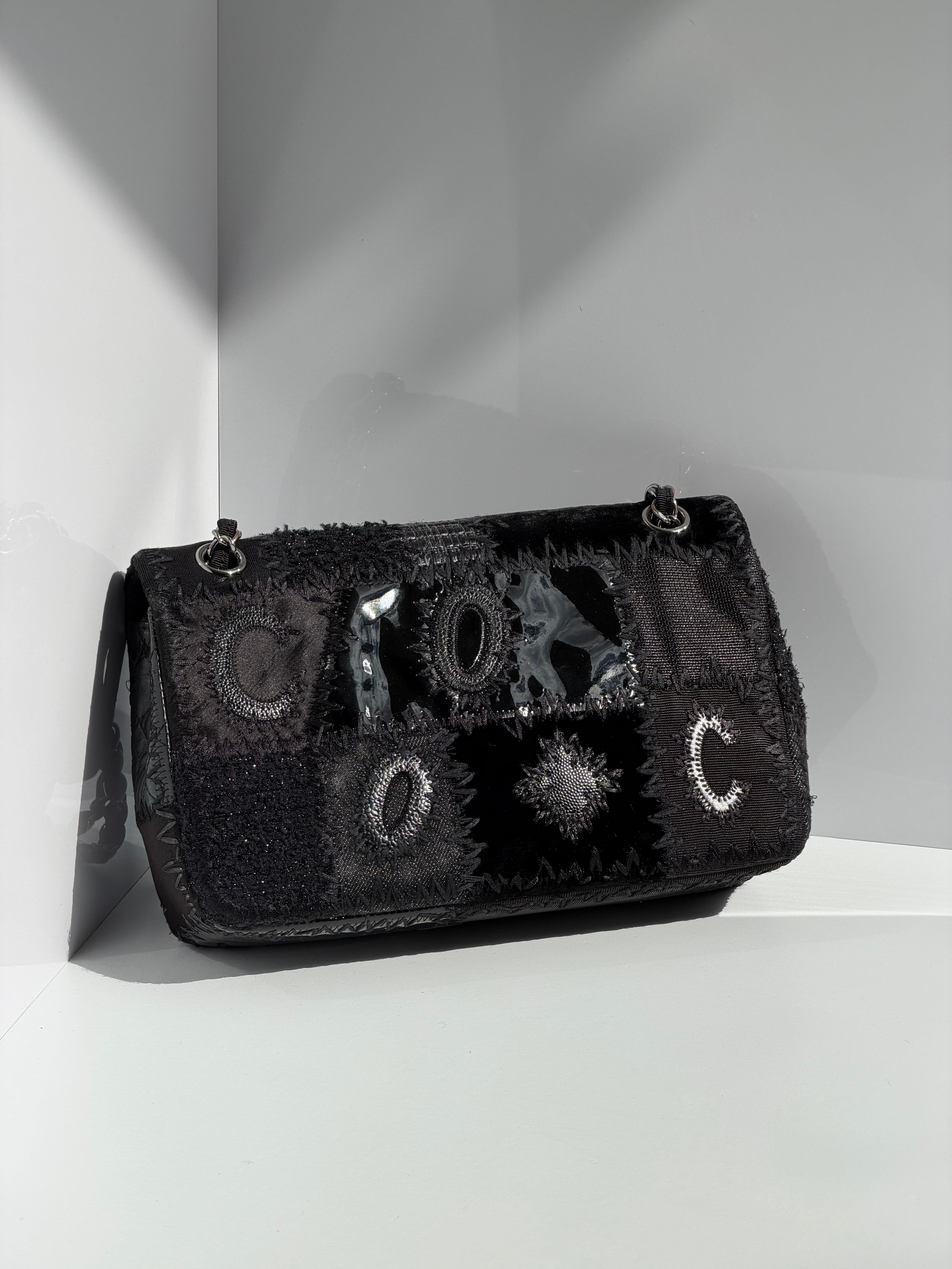 Chanel Black Patchwork Medium Single Flap Bag Silver Tone Hardware