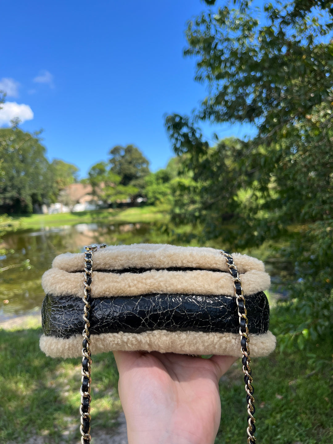 Chanel Black Shiny Crumpled Sheepskin and Shearling Mania Flap