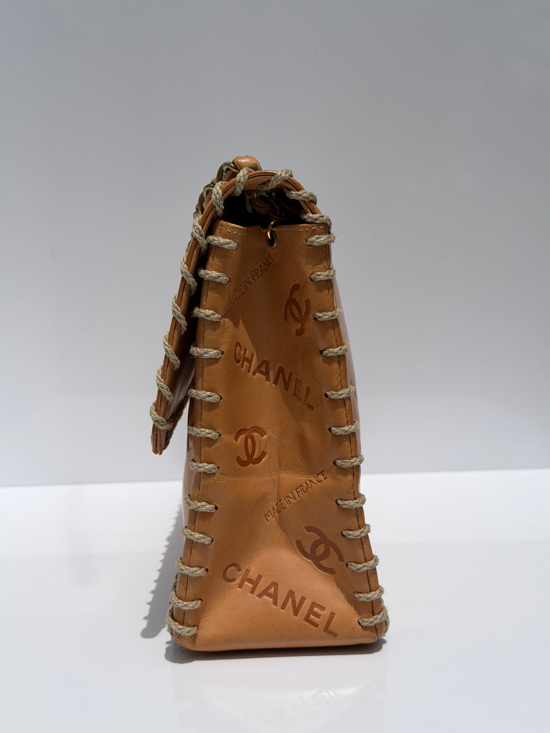 Chanel Jumbo Classic Flap Bag Tan Debossed Logo Calfskin Whipstitched Gold Hardware 1994