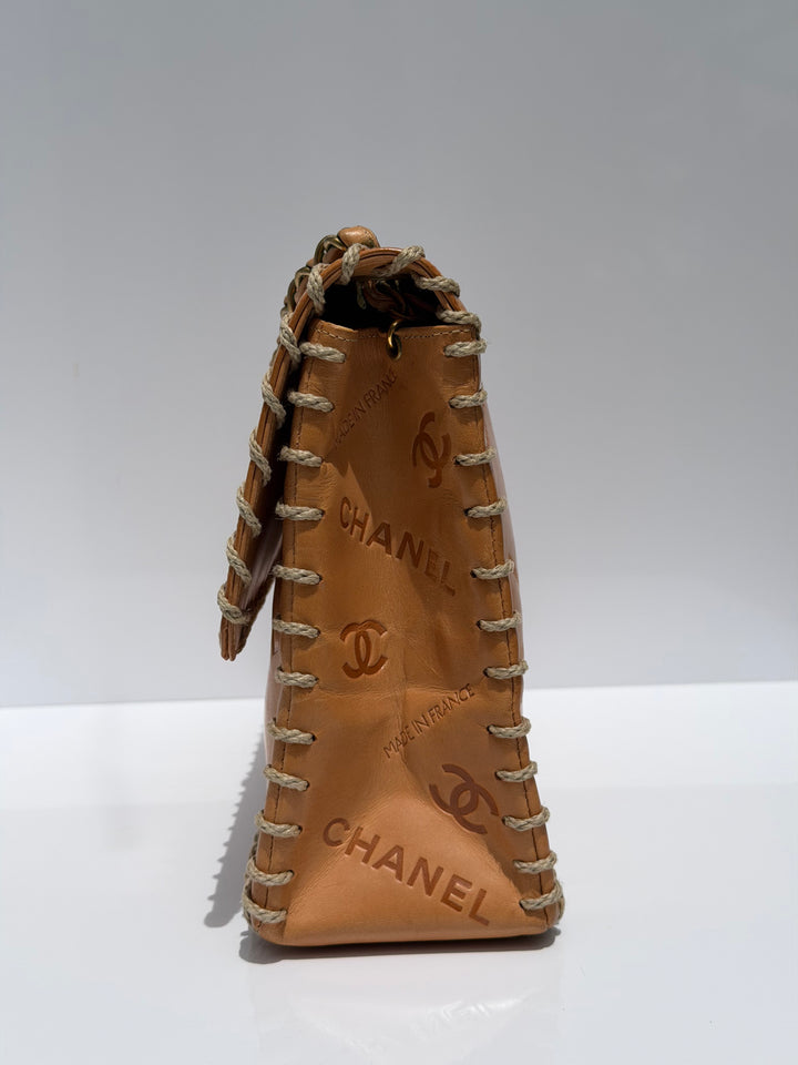 Chanel Jumbo Classic Flap Bag Tan Debossed Logo Calfskin Whipstitched Gold Hardware 1994