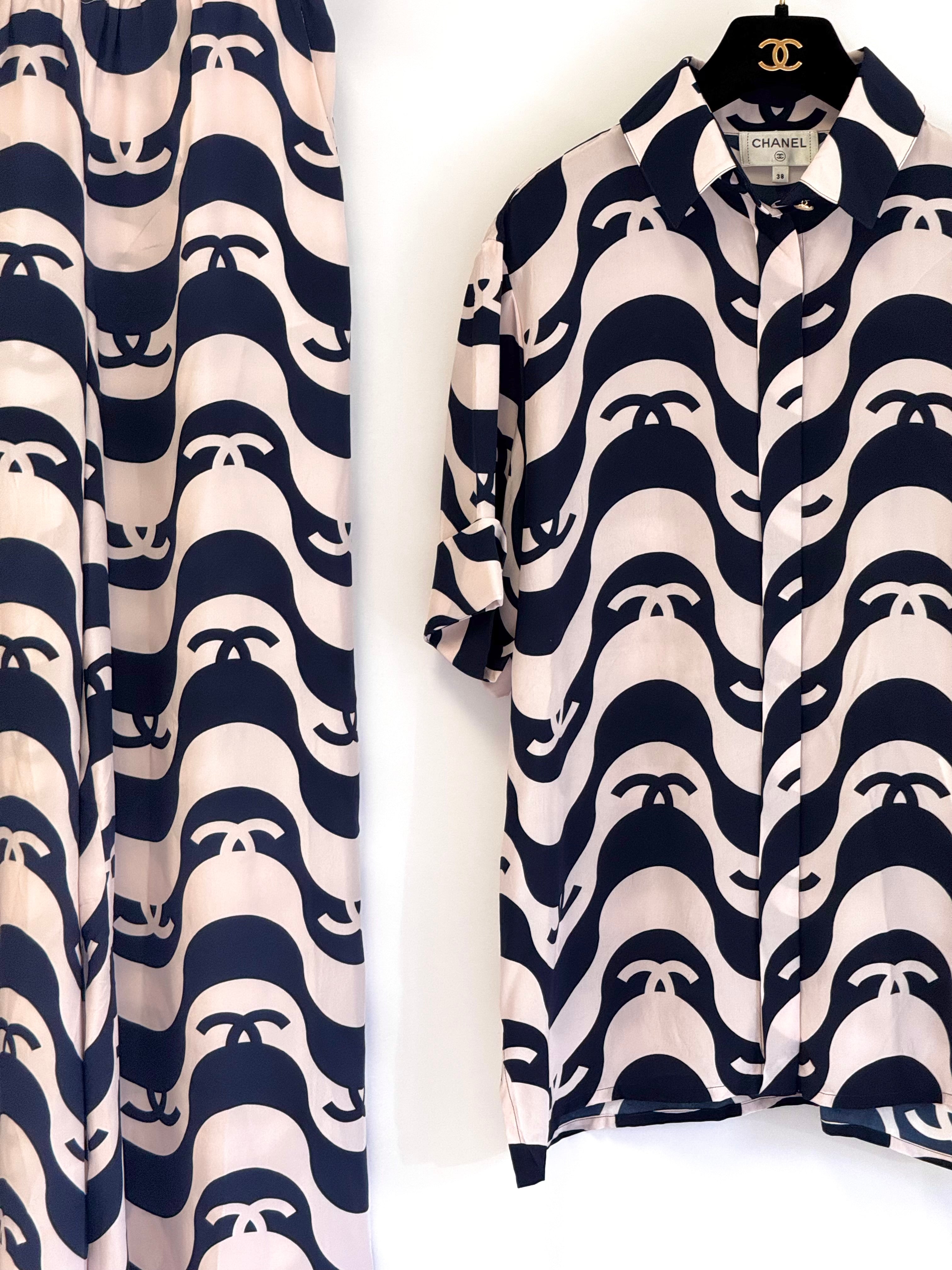 Chanel 2021 Navy/Pink Silk Wave Shirt & Pants Set – Its A Luv Story