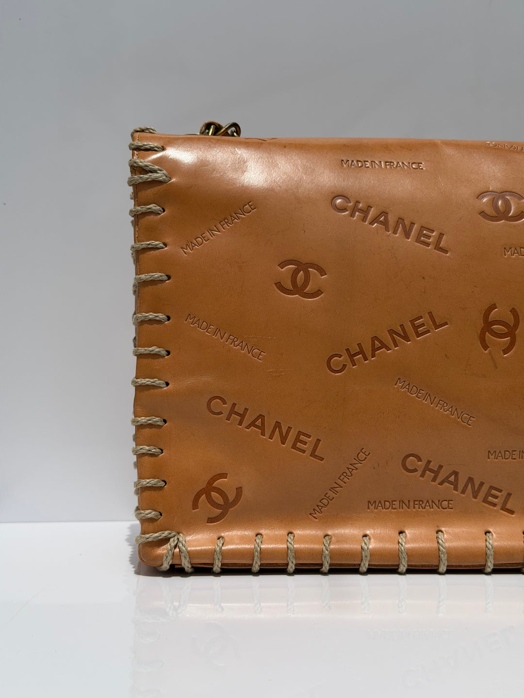 Chanel Jumbo Classic Flap Bag Tan Debossed Logo Calfskin Whipstitched Gold Hardware 1994