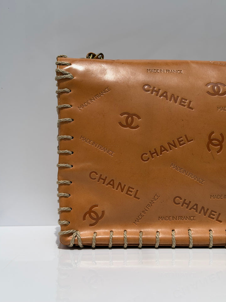 Chanel Jumbo Classic Flap Bag Tan Debossed Logo Calfskin Whipstitched Gold Hardware 1994