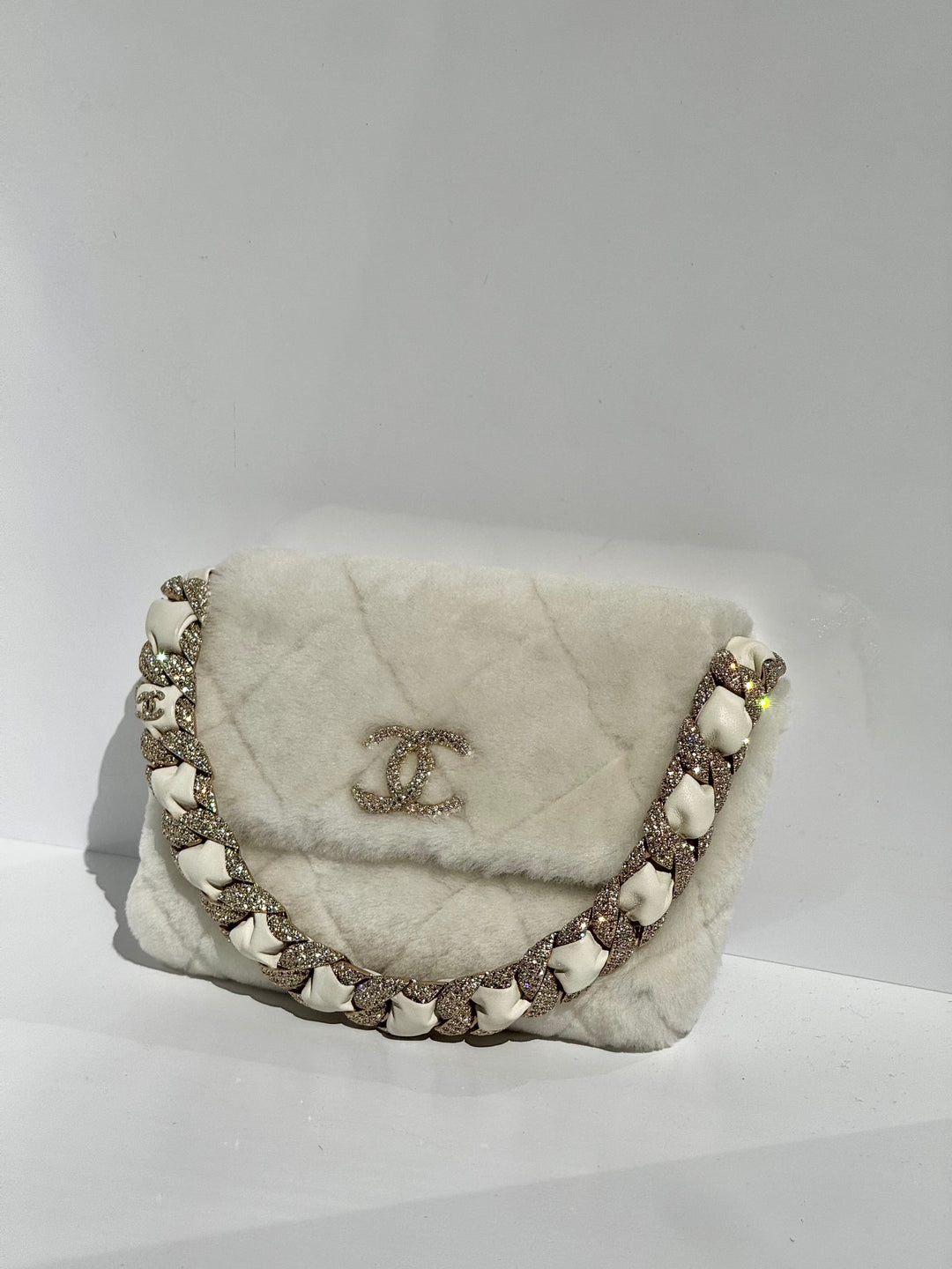 Chanel Shearling & Strass Flap Bag White Shearling with Gold Hardware 2020