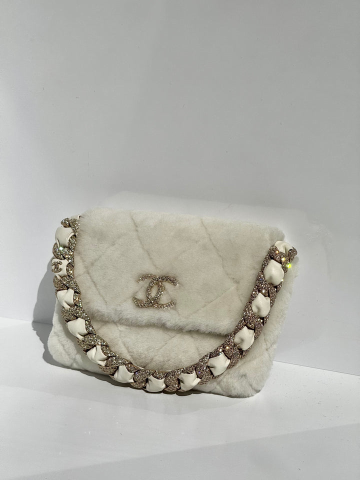 Chanel Shearling & Strass Flap Bag White Shearling with Gold Hardware 2020