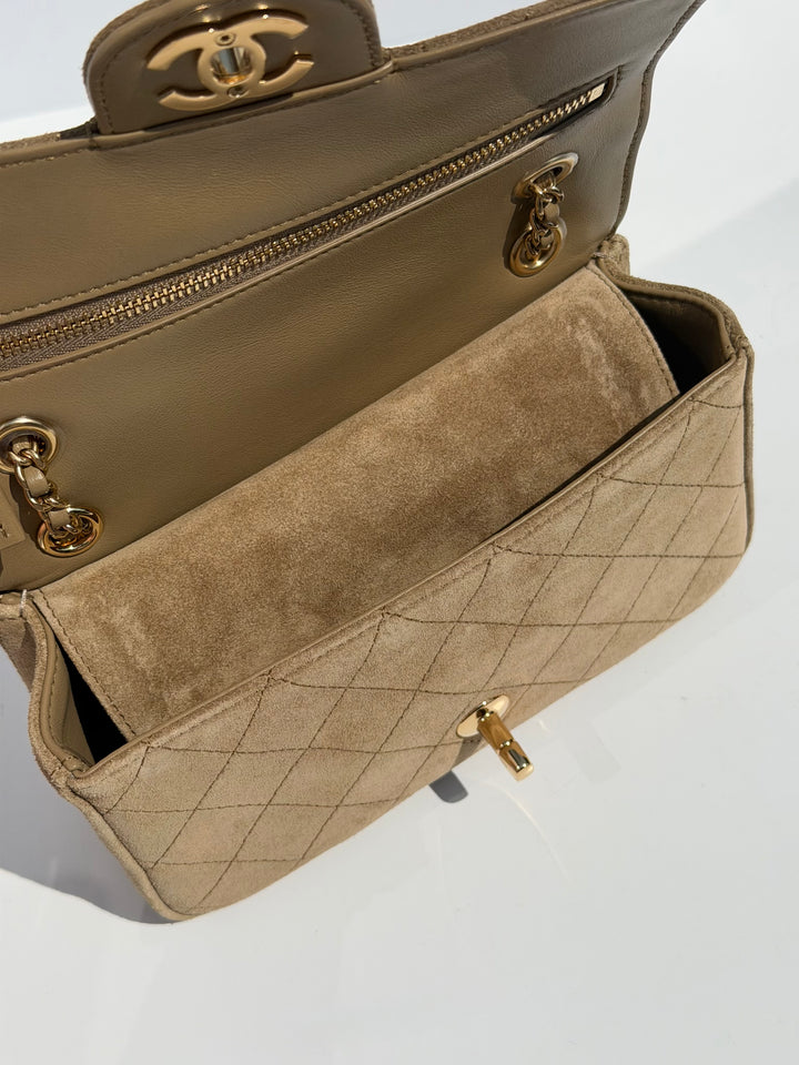 Chanel Mini Flap Souplissimo Suede Calfskin Dark Beige Gold Hardware 2026