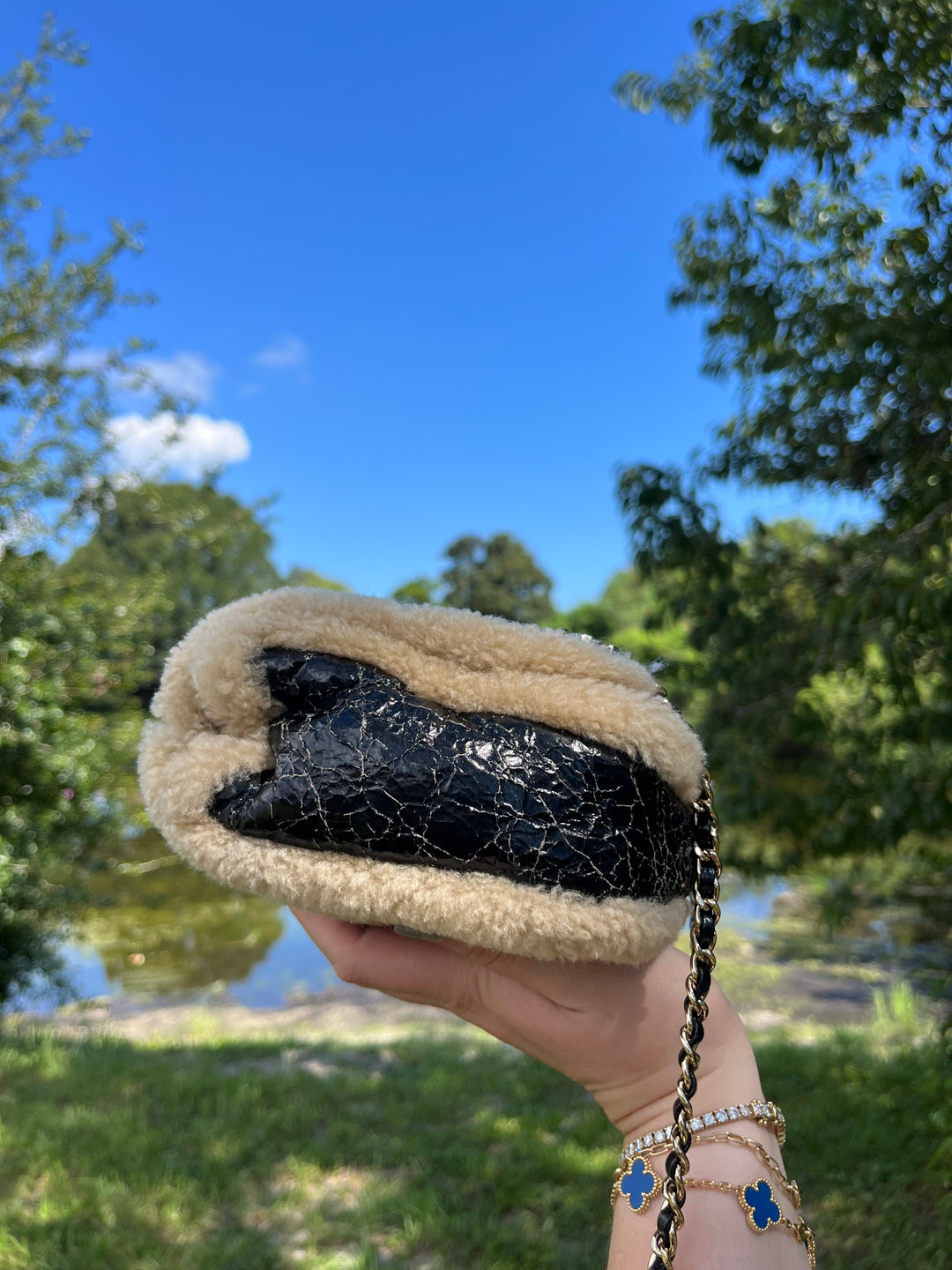 Chanel Black Shiny Crumpled Sheepskin and Shearling Mania Flap