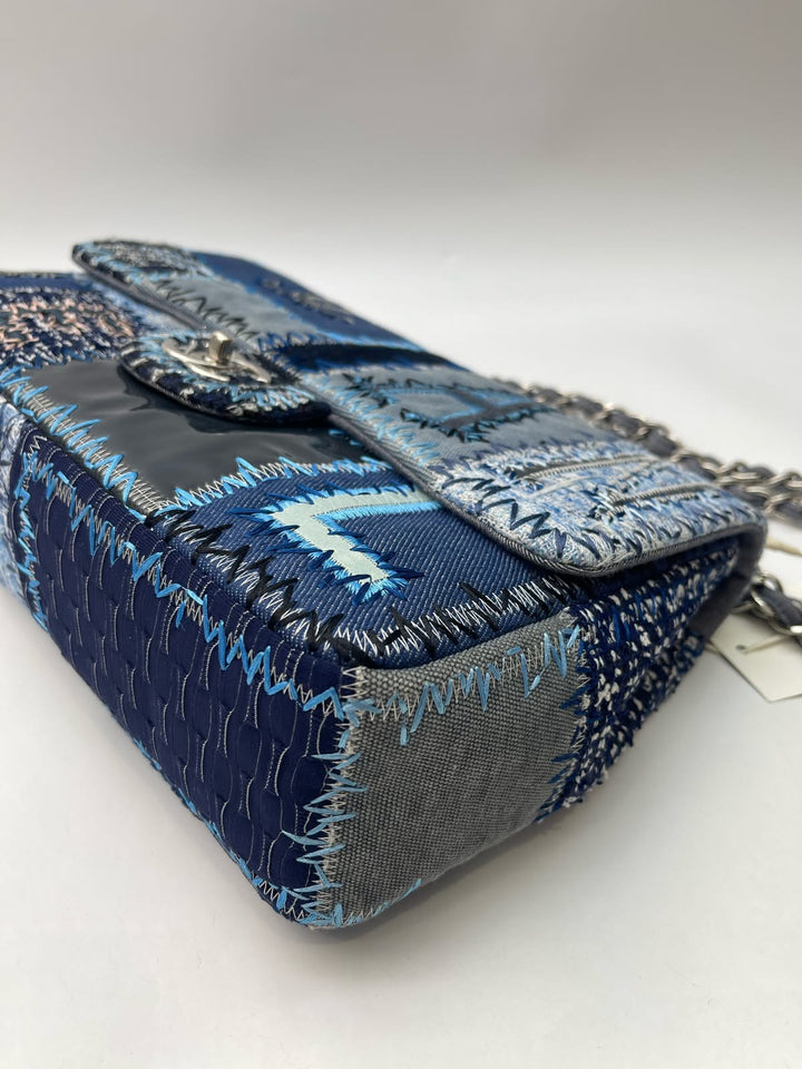 Chanel Jumbo Single Flap Patchwork Denim Blue Tweed Textile Leather Silver Hardware 2015