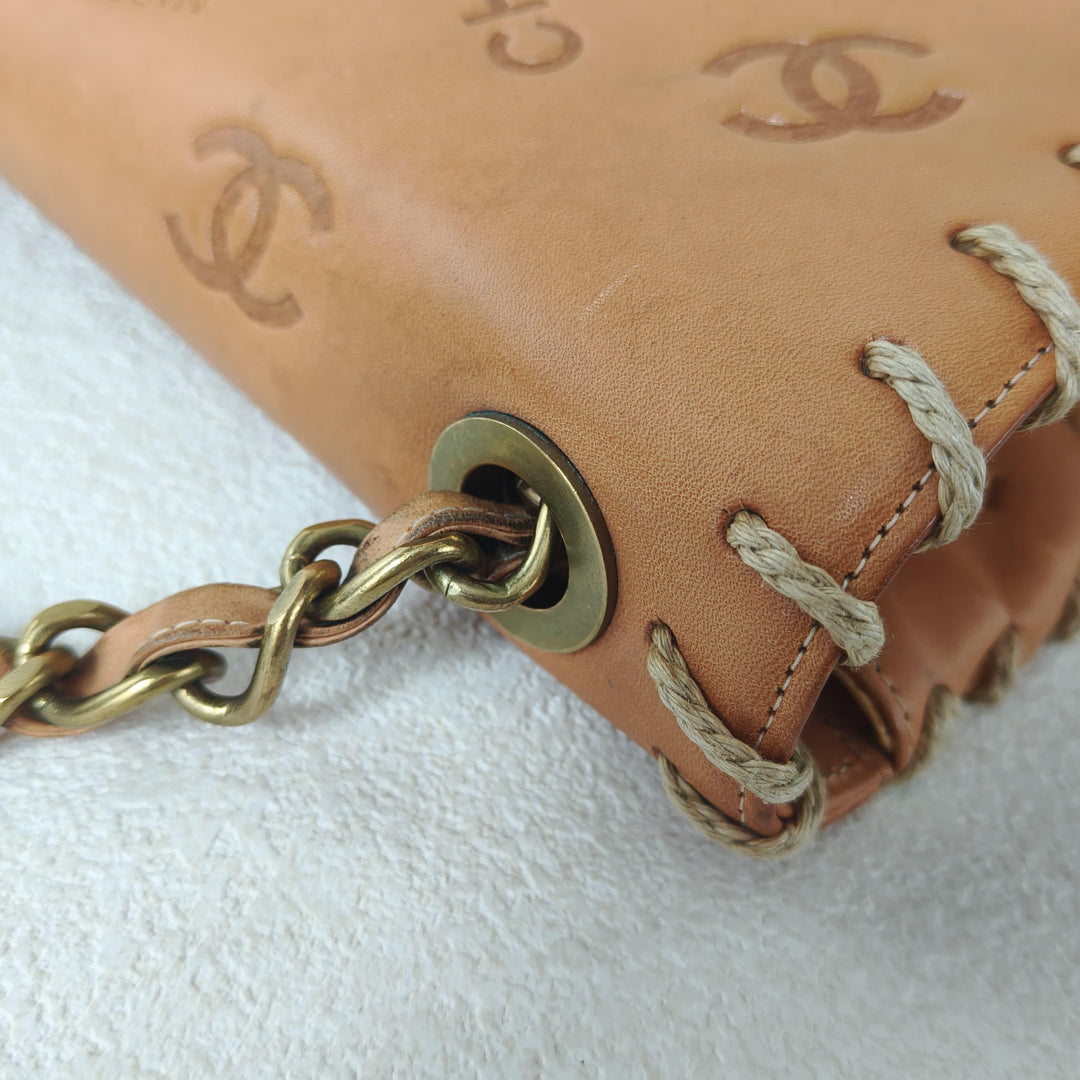 Chanel Maxi Classic Flap Bag Tan Debossed Logo Calfskin Whipstitched Gold Hardware 1994