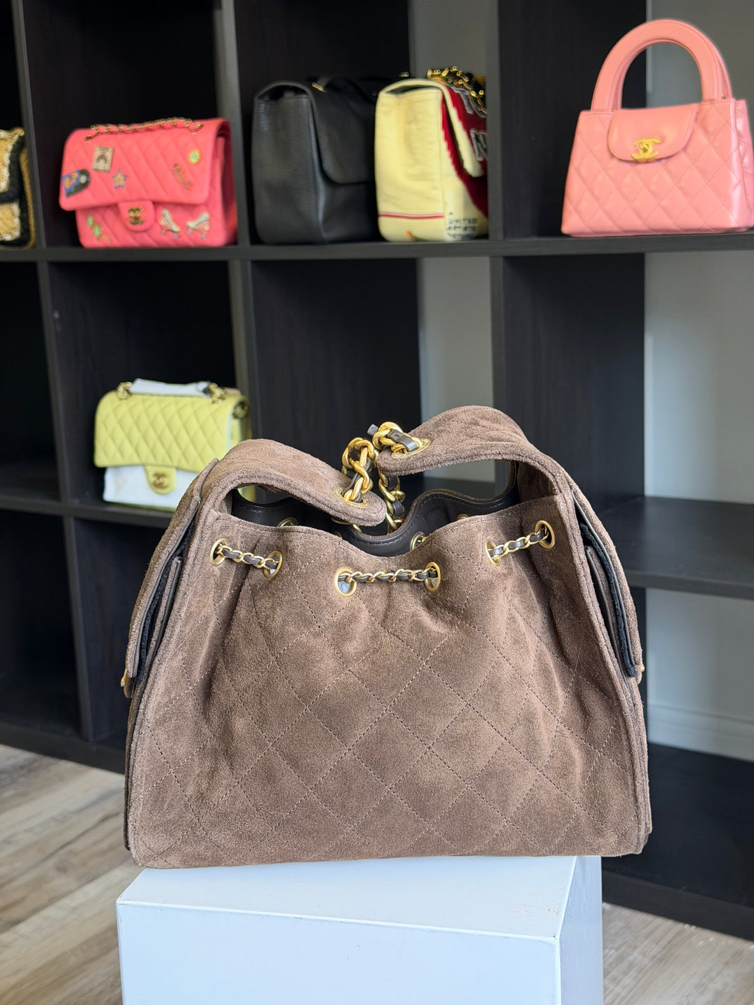 Chanel Small 25 Hobo Bag Brown Suede Antique Gold Hardware
