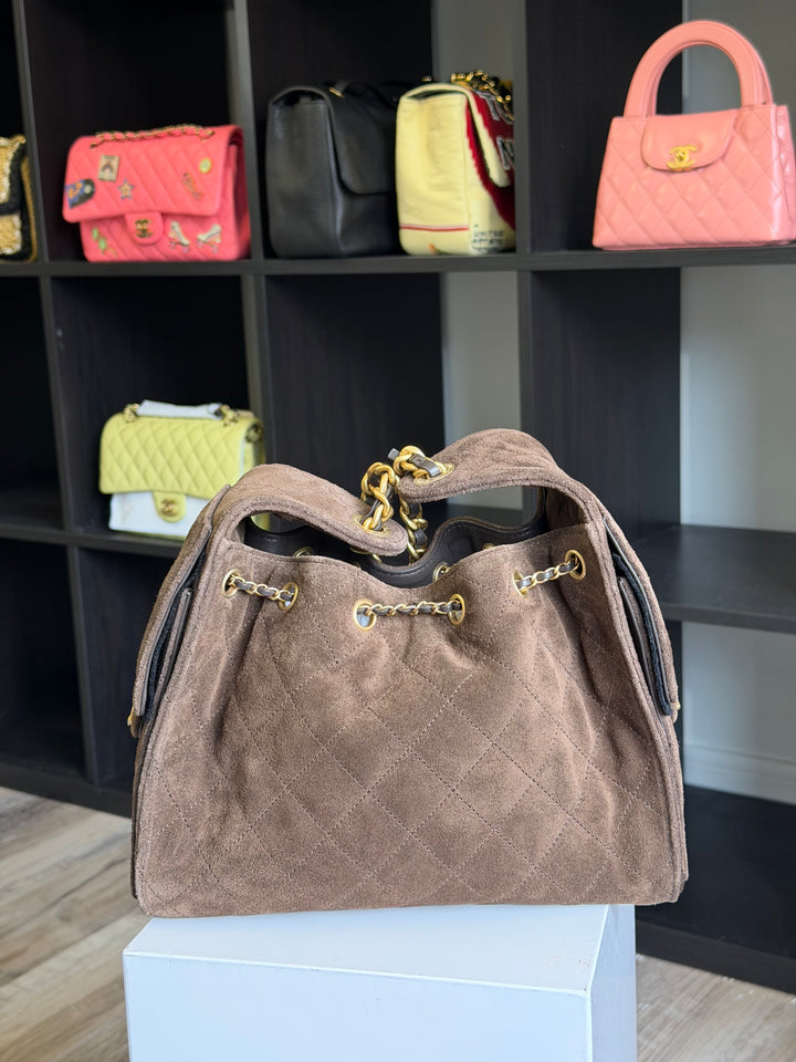 Chanel Small 25 Hobo Bag Brown Suede Antique Gold Hardware