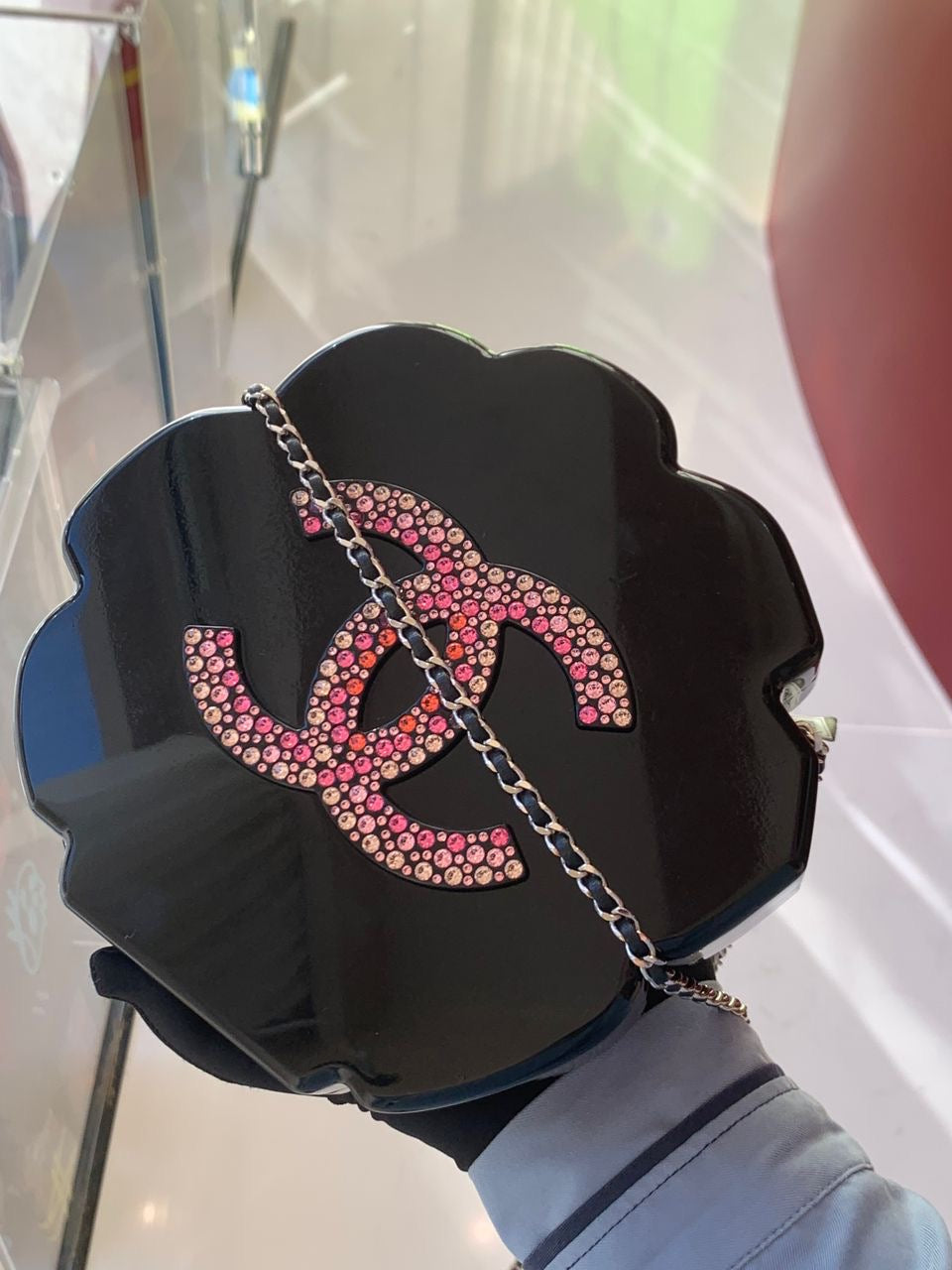 Chanel 2018 Runway Pink Strass & Resin Camelia Minaudiere