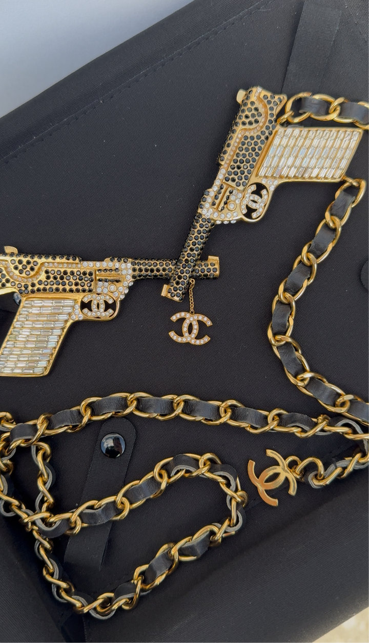 Chanel Runway Pistols Belt Necklace Black Leather Crystal Gold Hardware 2001