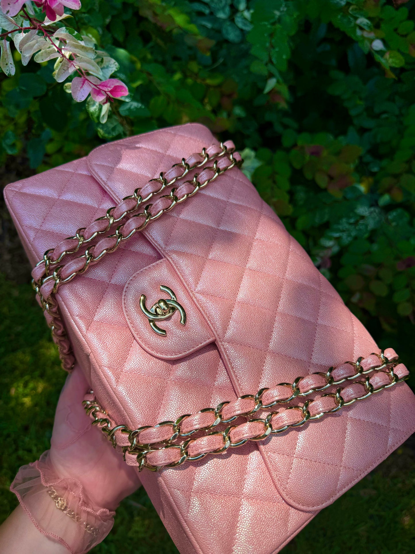 Chanel 19S Pink Iridescent Jumbo Caviar Double Flap Bag