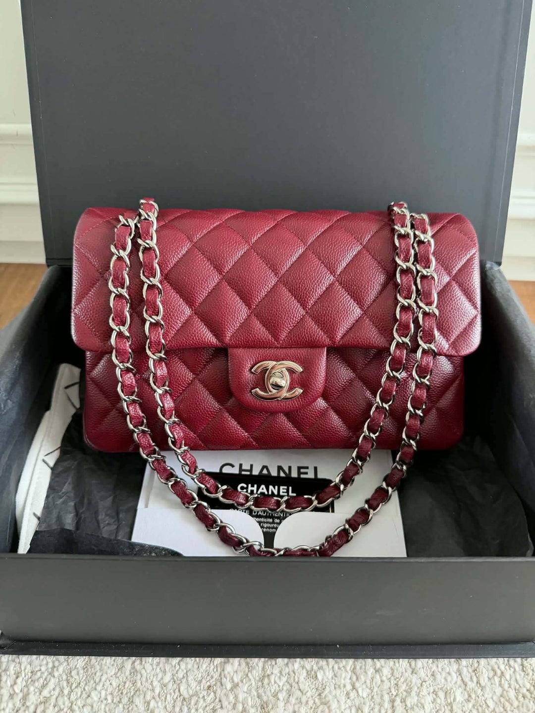 Chanel Small Classic Double Flap Caviar Wine Red Silver Hardware 2020
