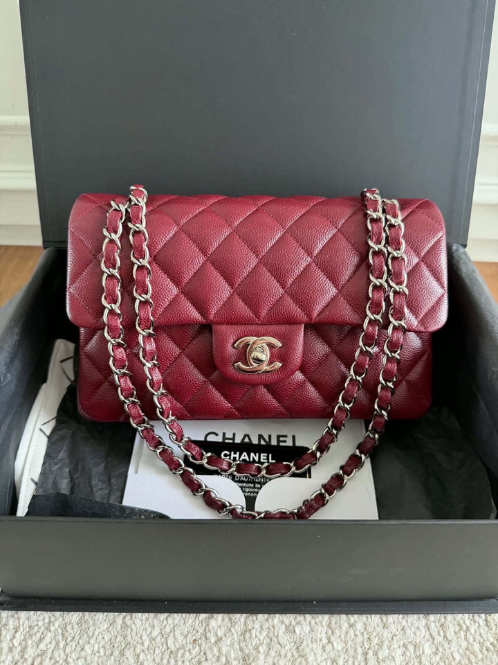 Chanel Small Classic Double Flap Caviar Wine Red Silver Hardware 2020