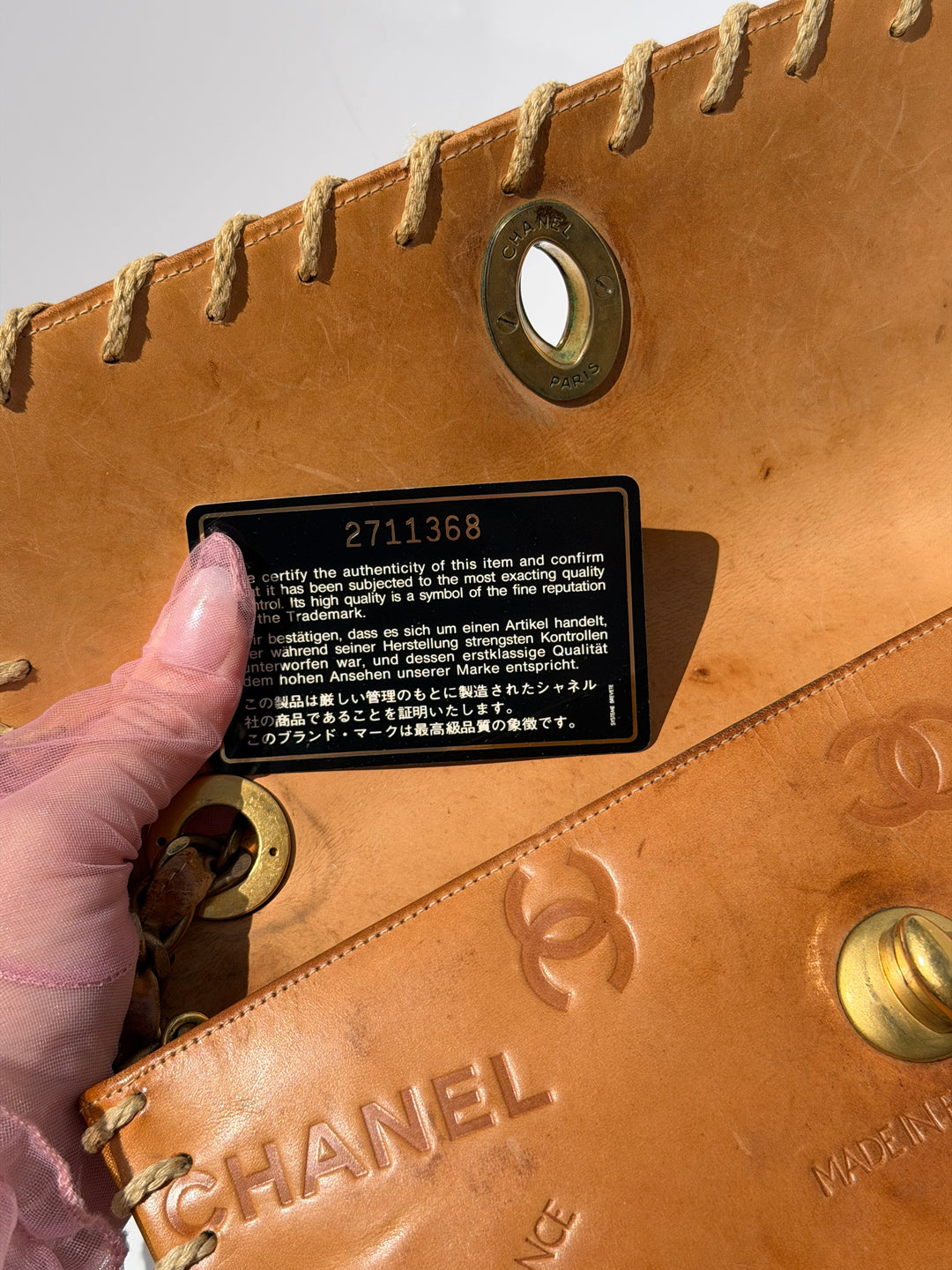 Chanel Half Flap Bag Tan Debossed Logo Calfskin Whipstitched Gold Hardware 1994