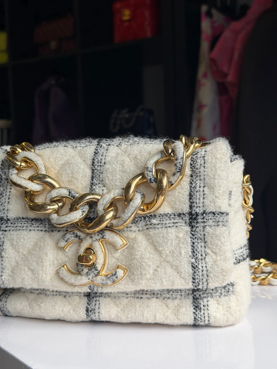 Chanel Small Elegant Chain Flap Wool Tweed White Black Gold Hardware 2022