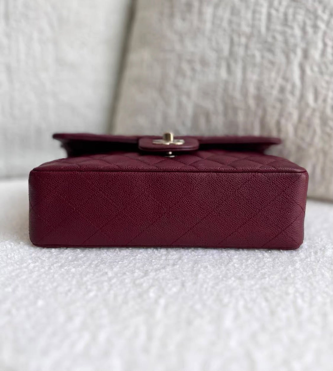 Chanel Small Classic Double Flap Caviar Burgundy Light Gold Hardware 2023