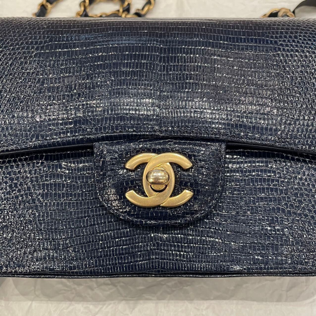 Chanel Navy Blue Lizard Mini Flap Brushed Gold Hardware 2018 – Its