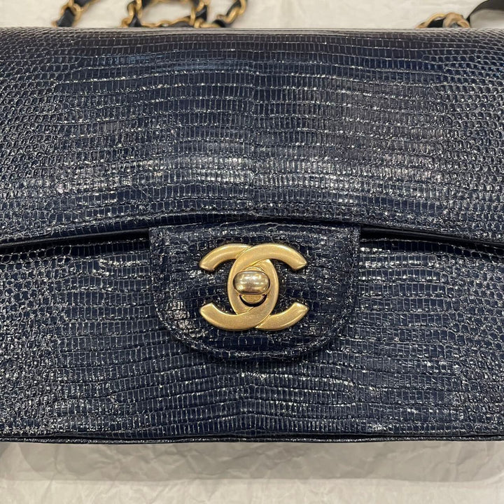 Chanel Navy Blue Lizard Mini Flap Brushed Gold Hardware 2018