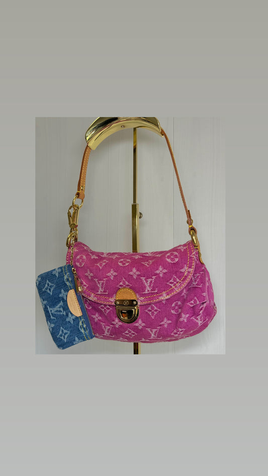 Louis Vuitton Pink Monogram Denim Mini Pleaty + Coin Pouch