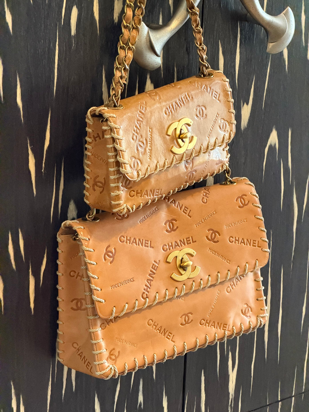 Chanel Half Flap Bag Tan Debossed Logo Calfskin Whipstitched Gold Hardware 1994
