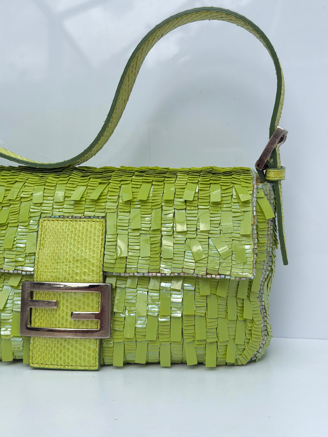 Fendi Lime Green Sequin Baguette Python Trim Silver Hardware 2000
