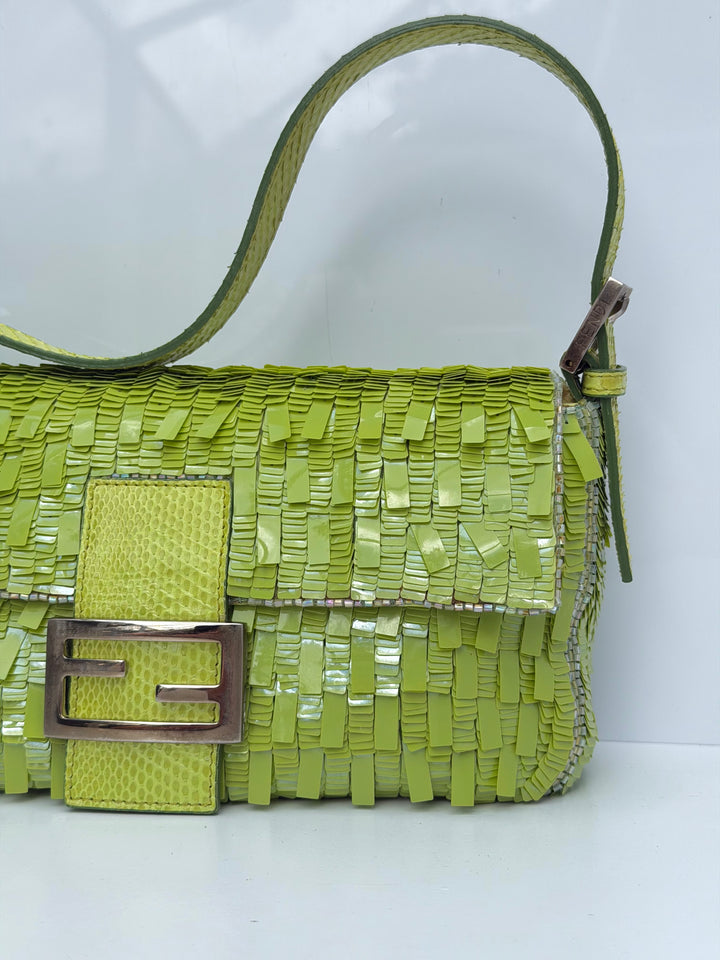 Fendi Lime Green Sequin Baguette Python Trim Silver Hardware 2000