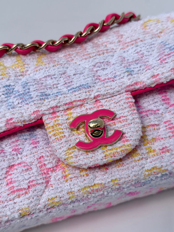 Chanel Mini Rectangular Classic Flap Bag Multicolor Logo Tweed Light Gold Hardware 2024
