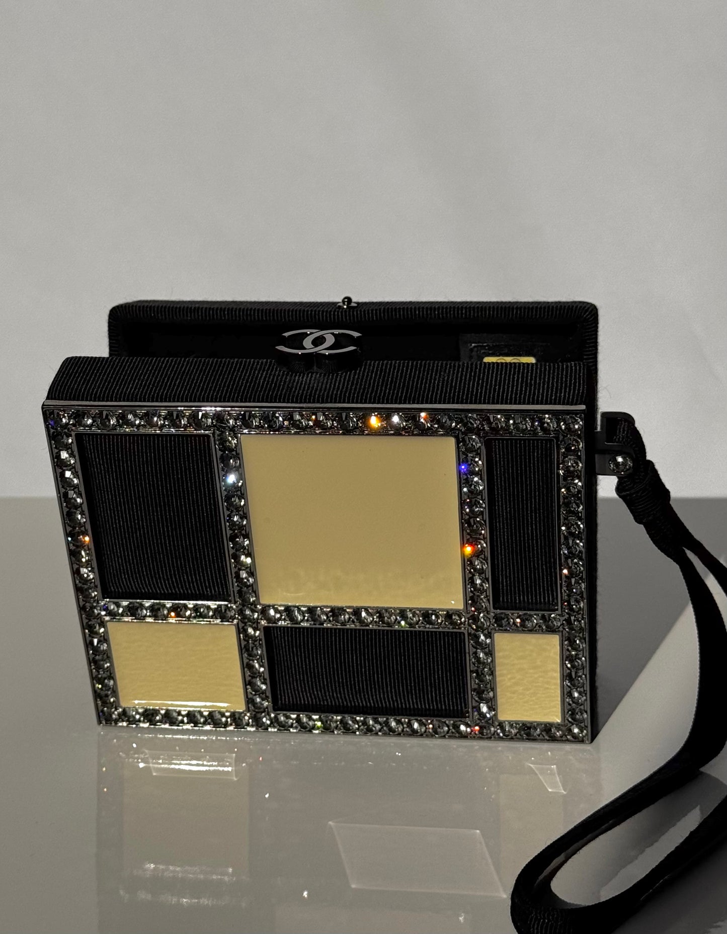 Chanel Minaudière Clutch in Plexi, Black cotton Piqué and Rhinestones