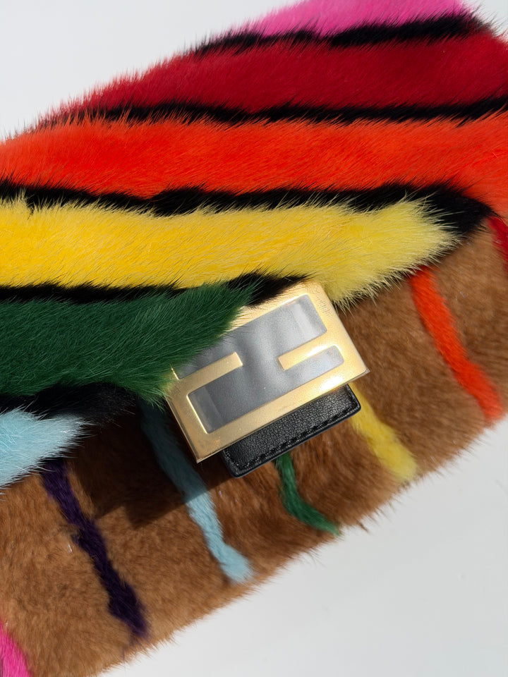 Fendi Baguette Visone Intarsio Arcobaleno Multicolor Mink Fur Gold Hardware 2022