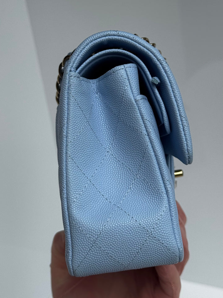 Chanel Small Classic Double Flap Caviar Light Blue Light Gold Hardware 2023