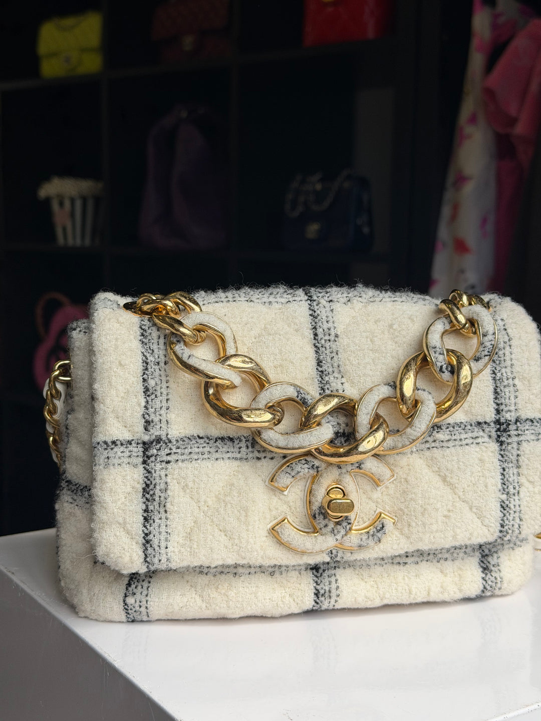 Chanel Small Elegant Chain Flap Wool Tweed White Black Gold Hardware 2022