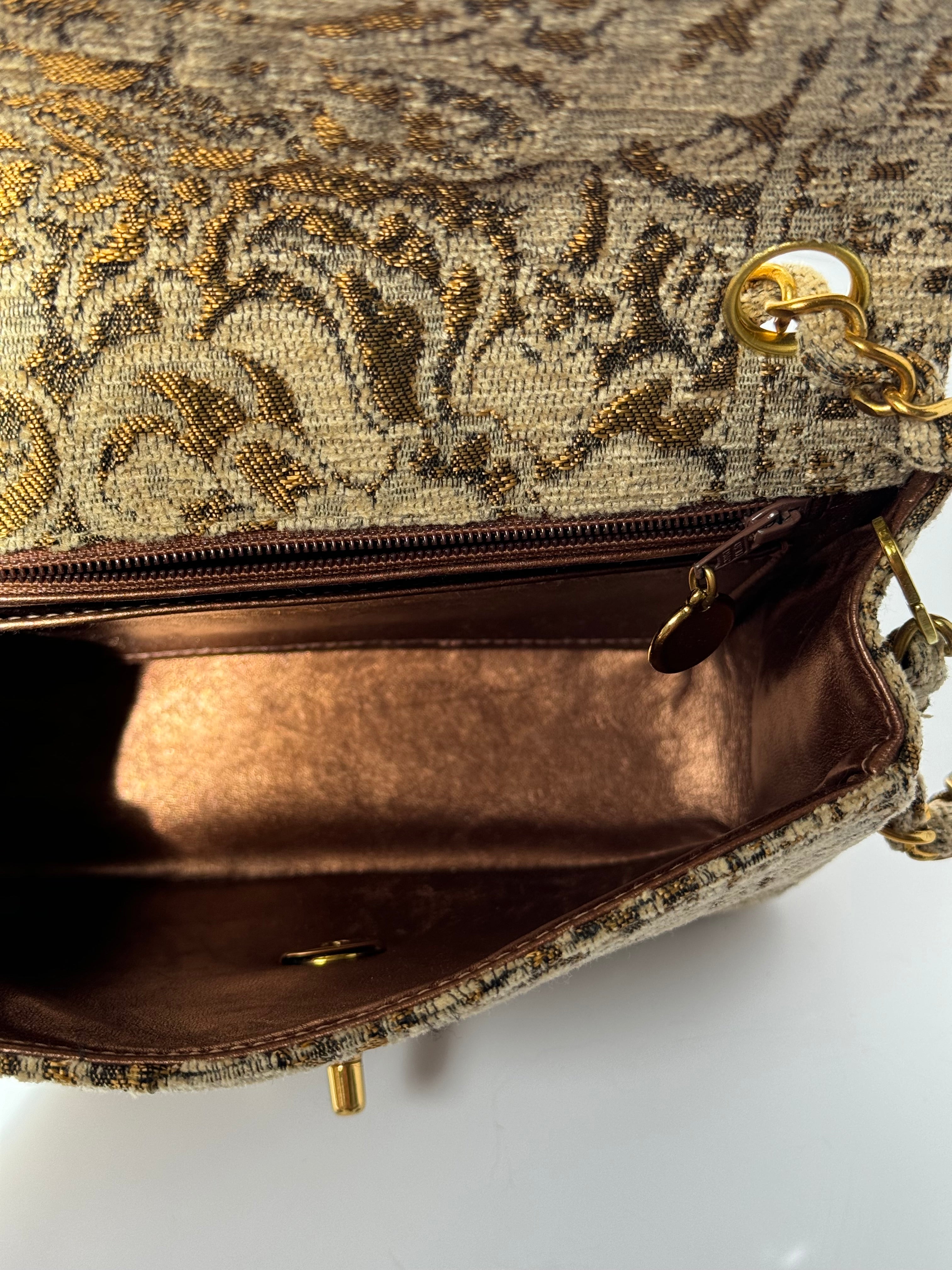 Chanel Mini Square Flap Bronze Metallic Brocade 24K Gold Hardware