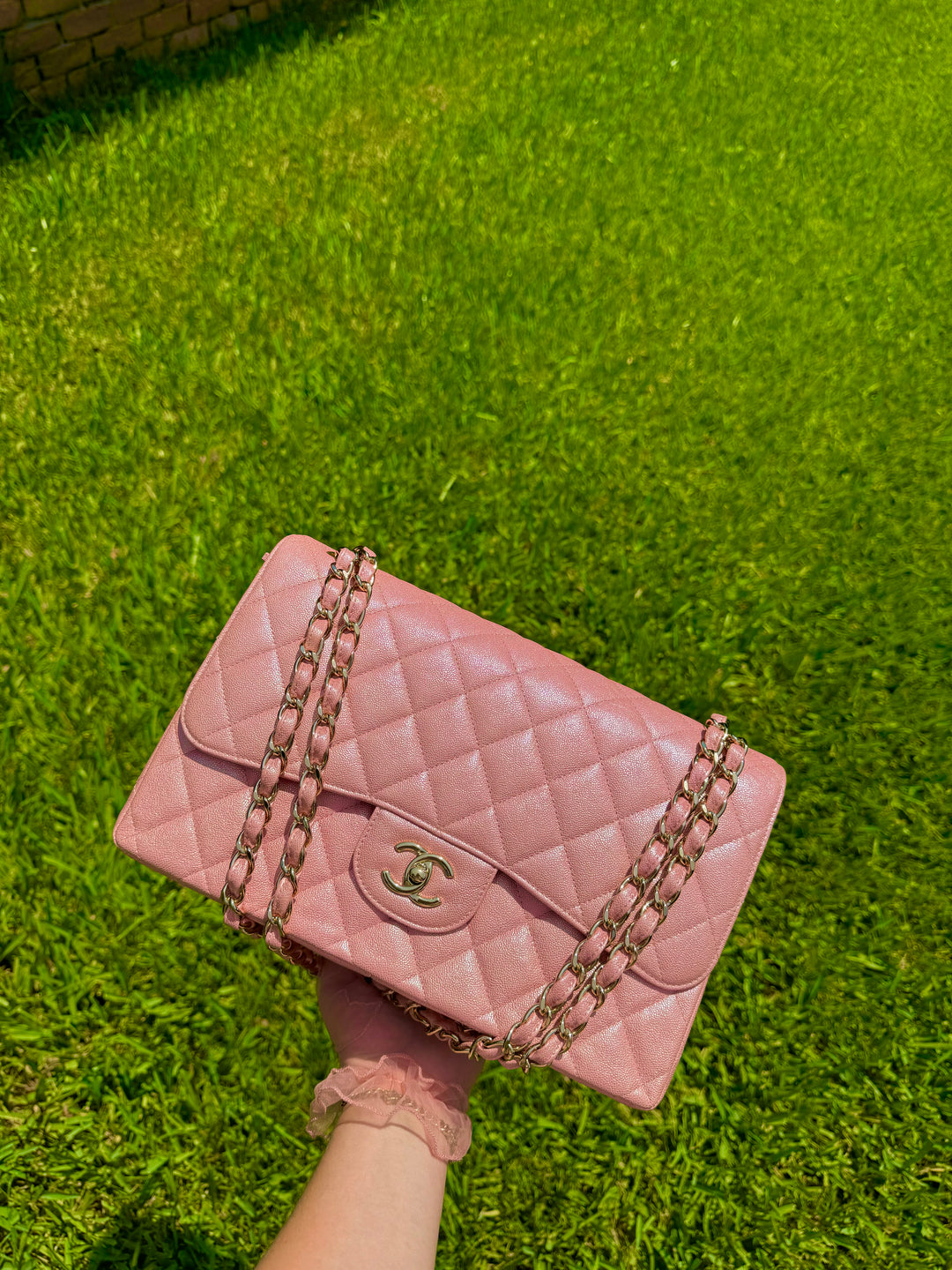 Chanel 19S Pink Iridescent Jumbo Caviar Double Flap Bag